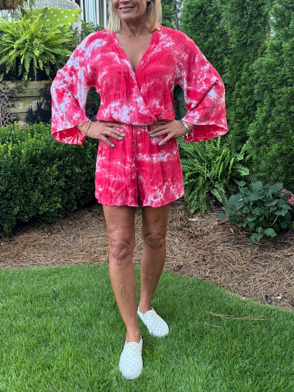 Red Tie-Dye Surplice Romper